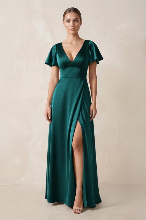 Short Sleeve V - Neck A - Line Satin Bridesmaid Dress With Slit in Emerald - KISS BRIDAL Bridesmaid Dresses