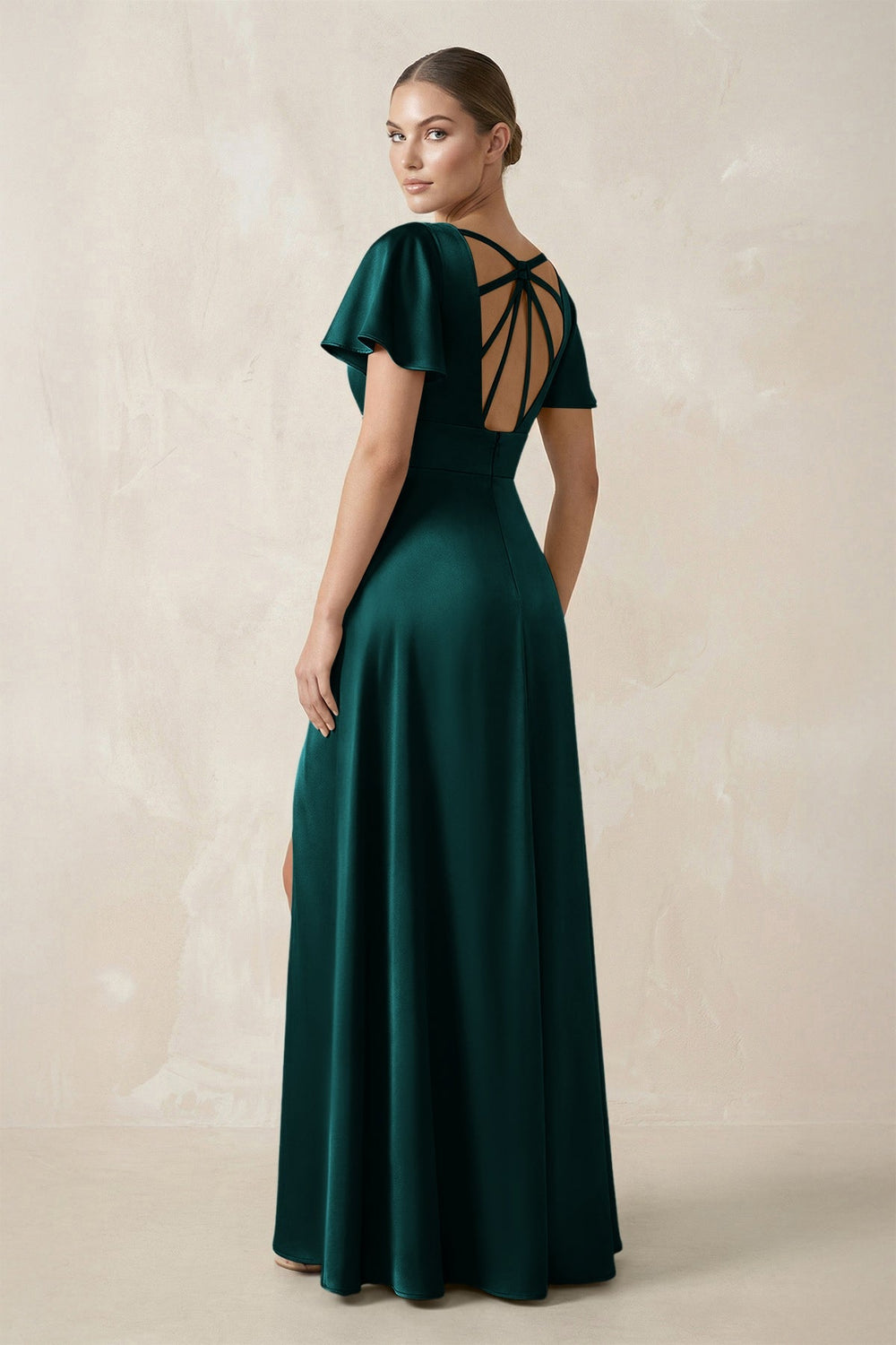 Short Sleeve V - Neck A - Line Satin Bridesmaid Dress With Slit in Emerald - KISS BRIDAL Bridesmaid Dresses