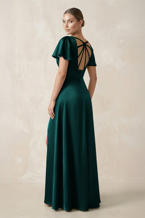 Short Sleeve V - Neck A - Line Satin Bridesmaid Dress With Slit in Emerald - KISS BRIDAL Bridesmaid Dresses