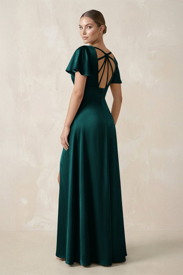Short Sleeve V - Neck A - Line Satin Bridesmaid Dress With Slit in Emerald - KISS BRIDAL Bridesmaid Dresses