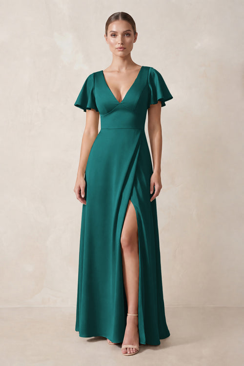 Short Sleeve V-Neck A-Line Satin Bridesmaid Dress With Slit in Emerald | KISSBRIDAL