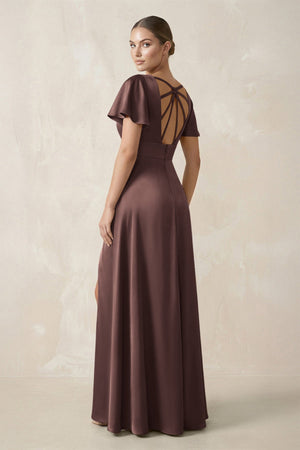 Short Sleeve V - Neck A - Line Satin Bridesmaid Dress With Slit in Espresso - SHE IS ME Bridesmaid Dresses