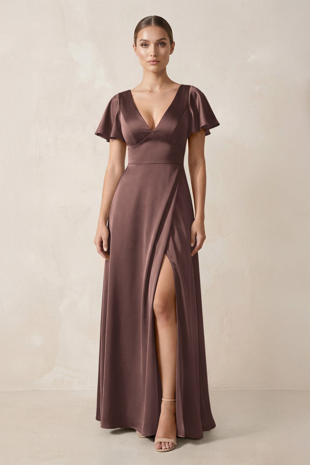 Short Sleeve V - Neck A - Line Satin Bridesmaid Dress With Slit in Espresso - SHE IS ME Bridesmaid Dresses