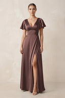 Short Sleeve V - Neck A - Line Satin Bridesmaid Dress With Slit in Espresso - SHE IS ME Bridesmaid Dresses