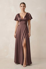 Short Sleeve V - Neck A - Line Satin Bridesmaid Dress With Slit in Espresso - KISS BRIDAL Bridesmaid Dresses