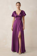 Short Sleeve V - Neck A - Line Satin Bridesmaid Dress With Slit in Fig - KISS BRIDAL Bridesmaid Dresses