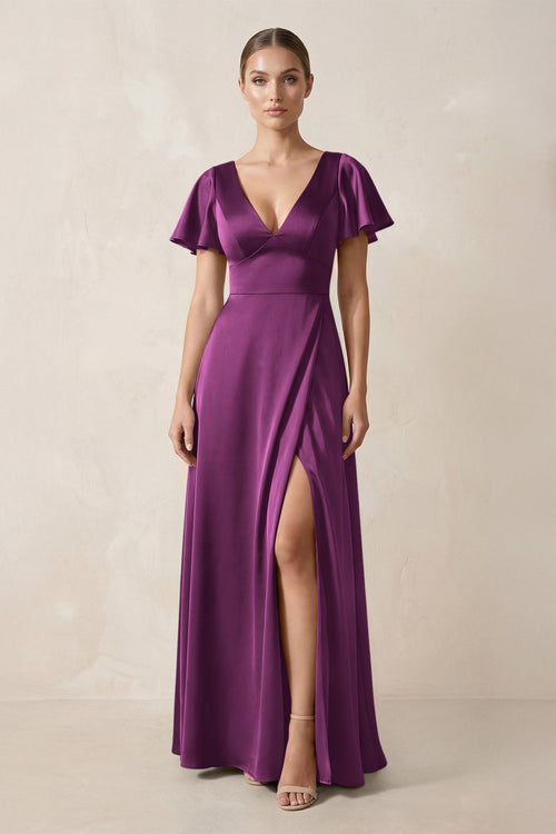 Short Sleeve V - Neck A - Line Satin Bridesmaid Dress With Slit in Fig - KISS BRIDAL Bridesmaid Dresses