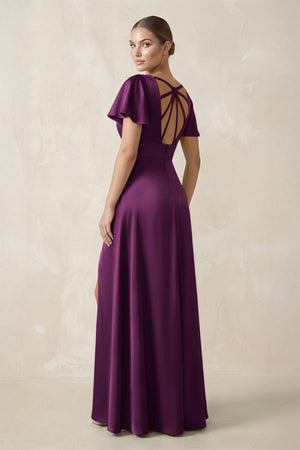 Short Sleeve V - Neck A - Line Satin Bridesmaid Dress With Slit in Fig - KISS BRIDAL Bridesmaid Dresses