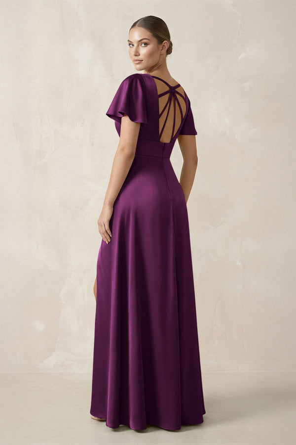 Short Sleeve V - Neck A - Line Satin Bridesmaid Dress With Slit in Fig - KISS BRIDAL Bridesmaid Dresses
