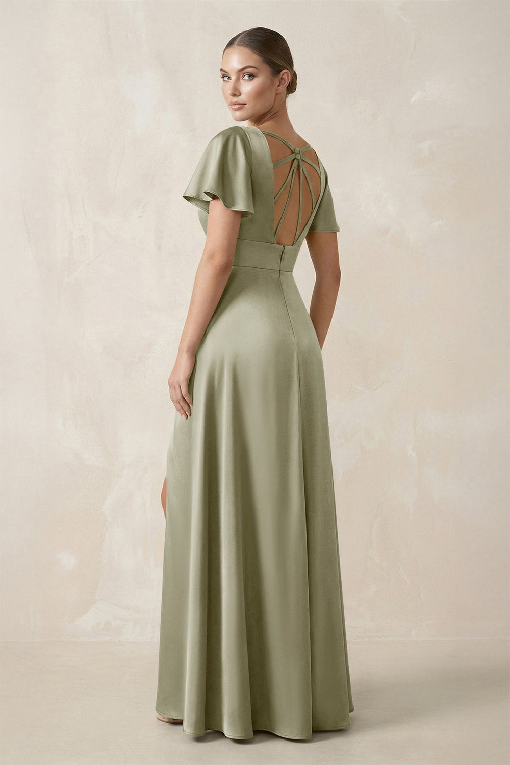 Short Sleeve V - Neck A - Line Satin Bridesmaid Dress With Slit in Frost - KISS BRIDAL Bridesmaid Dresses