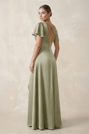 Short Sleeve V - Neck A - Line Satin Bridesmaid Dress With Slit in Frost - KISS BRIDAL Bridesmaid Dresses