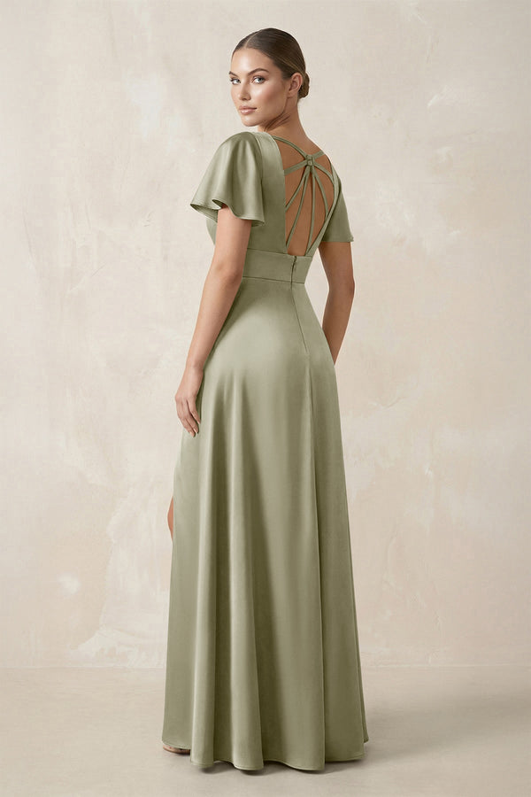 Short Sleeve V - Neck A - Line Satin Bridesmaid Dress With Slit in Frost - KISS BRIDAL Bridesmaid Dresses