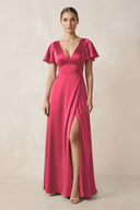Short Sleeve V - Neck A - Line Satin Bridesmaid Dress With Slit in Fuchsia - KISS BRIDAL Bridesmaid Dresses