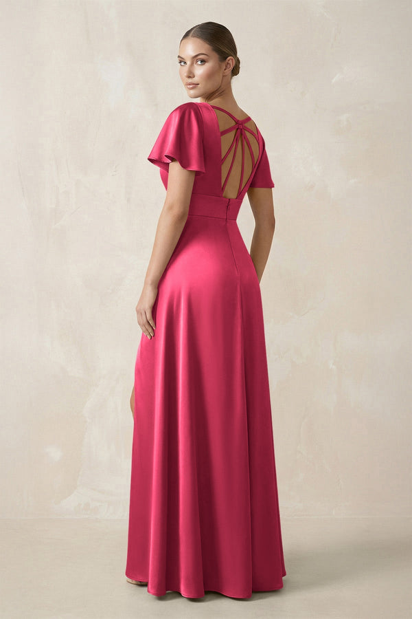 Short Sleeve V - Neck A - Line Satin Bridesmaid Dress With Slit in Fuchsia - KISS BRIDAL Bridesmaid Dresses