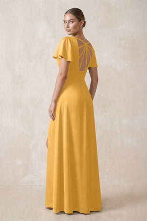 Short Sleeve V-Neck A-Line Satin Bridesmaid Dress With Slit in Gold (2) | KISSBRIDAL