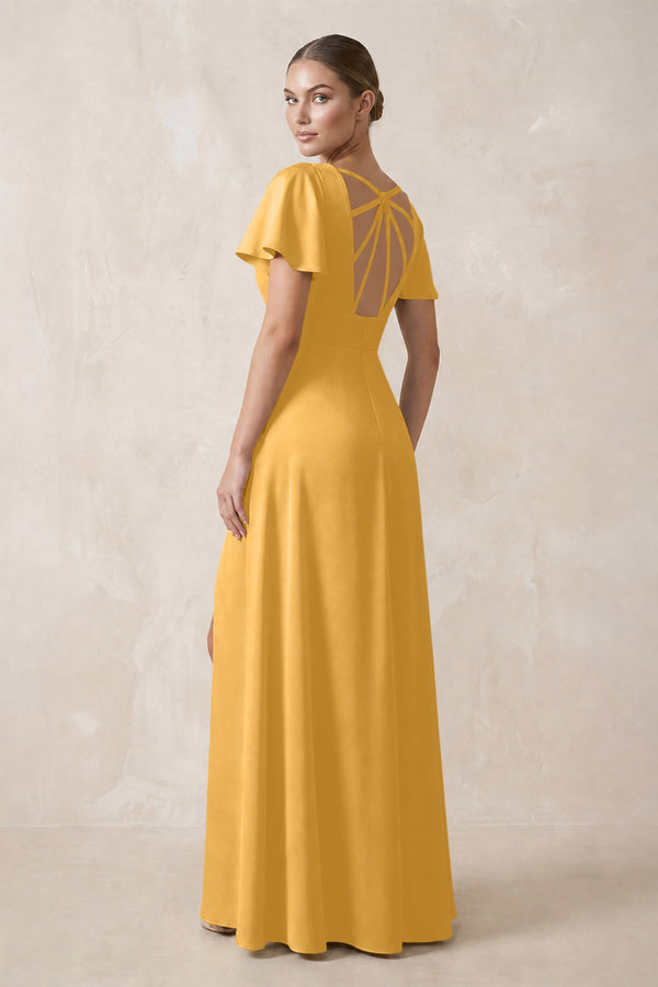 Short Sleeve V-Neck A-Line Satin Bridesmaid Dress With Slit in Gold (2) | KISSBRIDAL