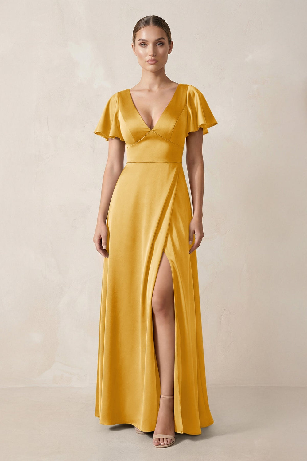 Short Sleeve V - Neck A - Line Satin Bridesmaid Dress With Slit in Gold - KISS BRIDAL Bridesmaid Dresses
