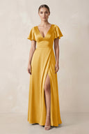 Short Sleeve V - Neck A - Line Satin Bridesmaid Dress With Slit in Gold - SHE IS ME Bridesmaid Dresses