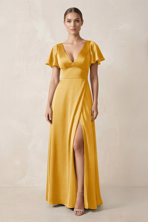 Short Sleeve V - Neck A - Line Satin Bridesmaid Dress With Slit in Gold - SHE IS ME Bridesmaid Dresses