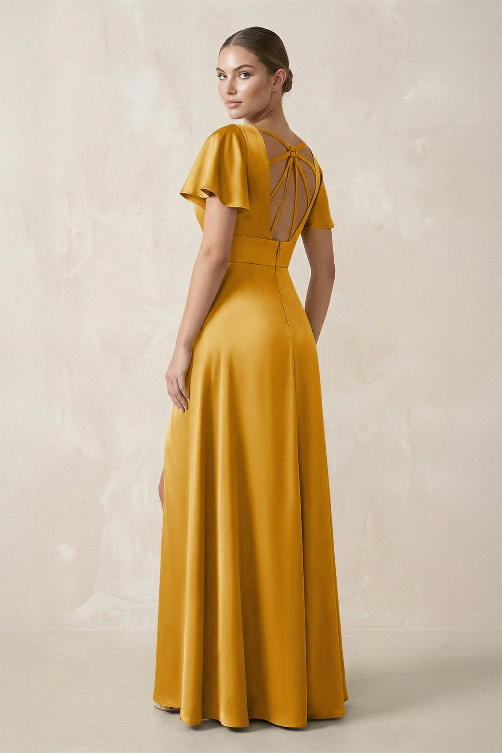 Short Sleeve V - Neck A - Line Satin Bridesmaid Dress With Slit in Gold - KISS BRIDAL Bridesmaid Dresses