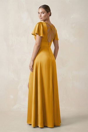 Short Sleeve V - Neck A - Line Satin Bridesmaid Dress With Slit in Gold - SHE IS ME Bridesmaid Dresses