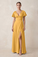 Short Sleeve V-Neck A-Line Satin Bridesmaid Dress With Slit in Gold | KISSBRIDAL