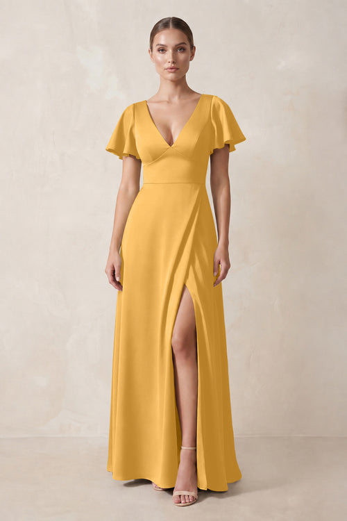 Short Sleeve V-Neck A-Line Satin Bridesmaid Dress With Slit in Gold | KISSBRIDAL