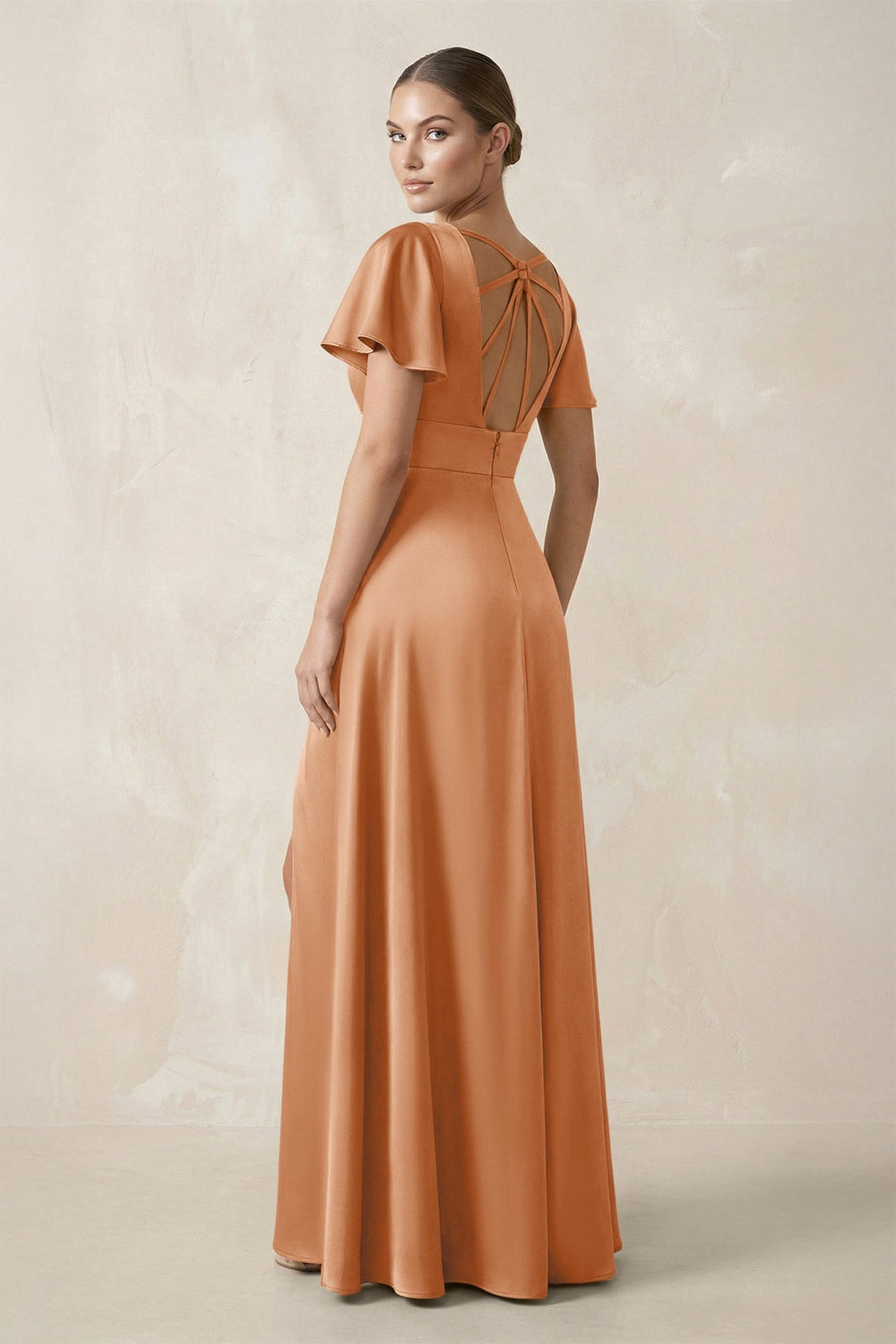 Short Sleeve V - Neck A - Line Satin Bridesmaid Dress With Slit in Golden Champagne - KISS BRIDAL Bridesmaid Dresses
