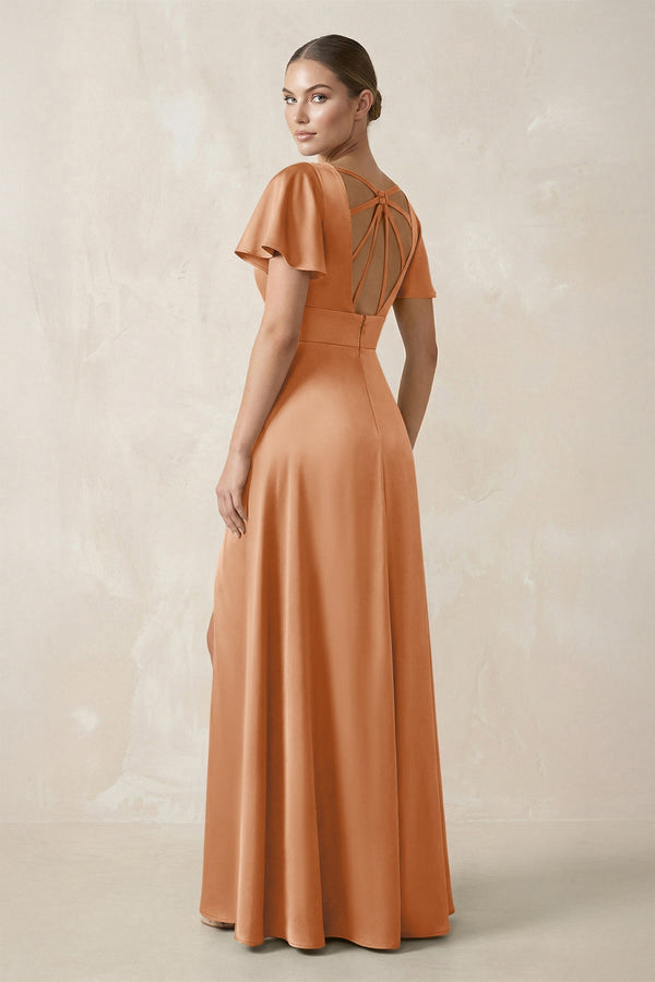 Short Sleeve V - Neck A - Line Satin Bridesmaid Dress With Slit in Golden Champagne - KISS BRIDAL Bridesmaid Dresses
