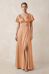 Short Sleeve V - Neck A - Line Satin Bridesmaid Dress With Slit in Golden Champagne - KISS BRIDAL Bridesmaid Dresses