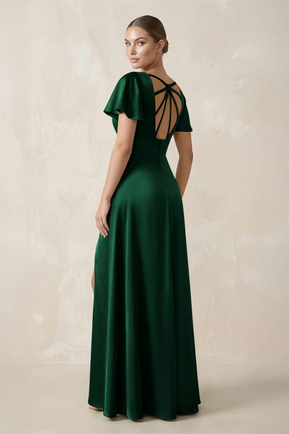 Short Sleeve V - Neck A - Line Satin Bridesmaid Dress With Slit in Green - SHE IS ME Bridesmaid Dresses