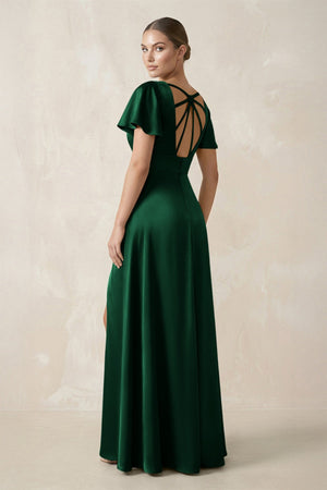 Short Sleeve V - Neck A - Line Satin Bridesmaid Dress With Slit in Green - SHE IS ME Bridesmaid Dresses