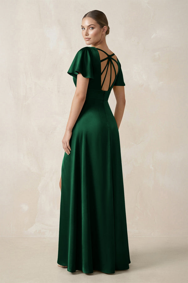 Short Sleeve V - Neck A - Line Satin Bridesmaid Dress With Slit in Green - SHE IS ME Bridesmaid Dresses