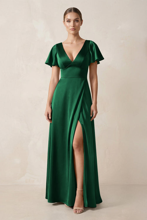 Short Sleeve V - Neck A - Line Satin Bridesmaid Dress With Slit in Green - SHE IS ME Bridesmaid Dresses