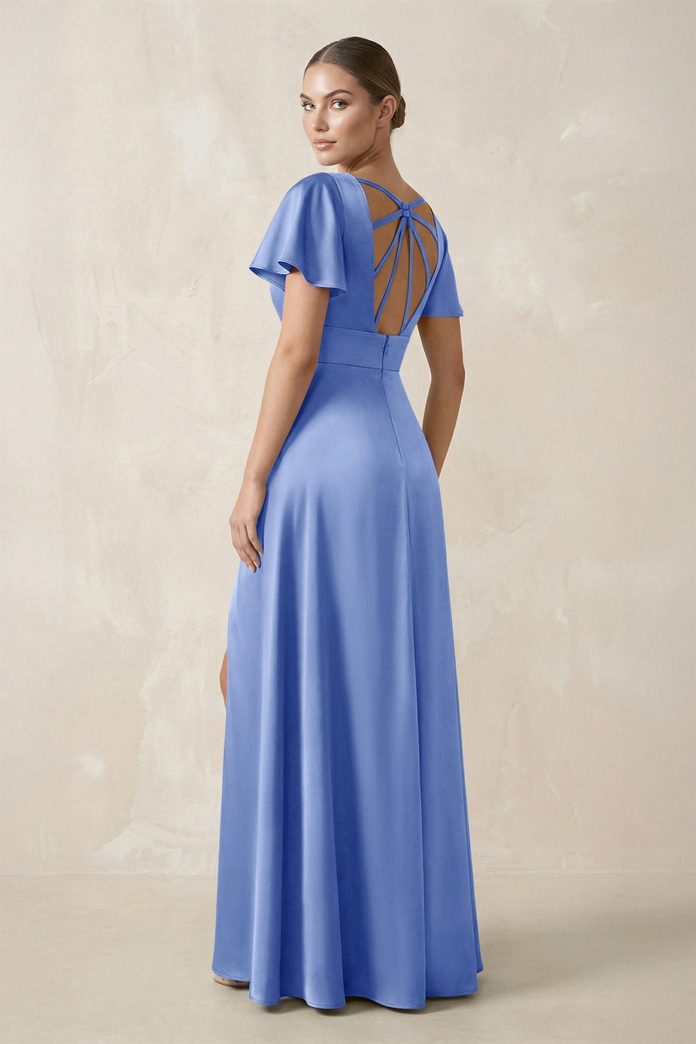 Short Sleeve V - Neck A - Line Satin Bridesmaid Dress With Slit in Ice - KISS BRIDAL Bridesmaid Dresses