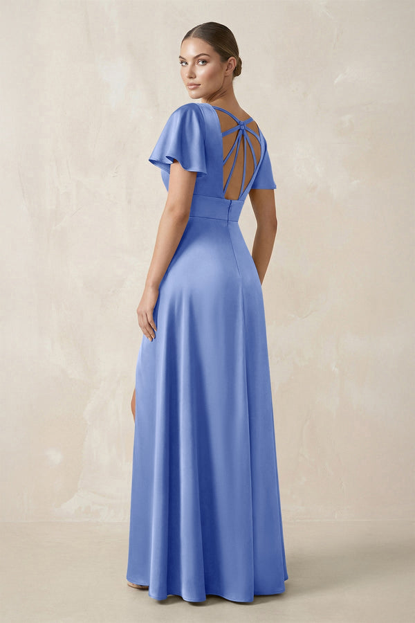 Short Sleeve V - Neck A - Line Satin Bridesmaid Dress With Slit in Ice - KISS BRIDAL Bridesmaid Dresses