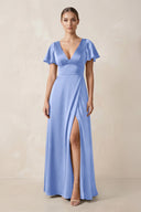 Short Sleeve V - Neck A - Line Satin Bridesmaid Dress With Slit in Ice - KISS BRIDAL Bridesmaid Dresses