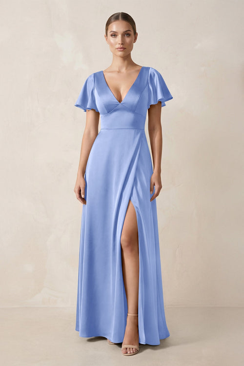Short Sleeve V - Neck A - Line Satin Bridesmaid Dress With Slit in Ice - KISS BRIDAL Bridesmaid Dresses