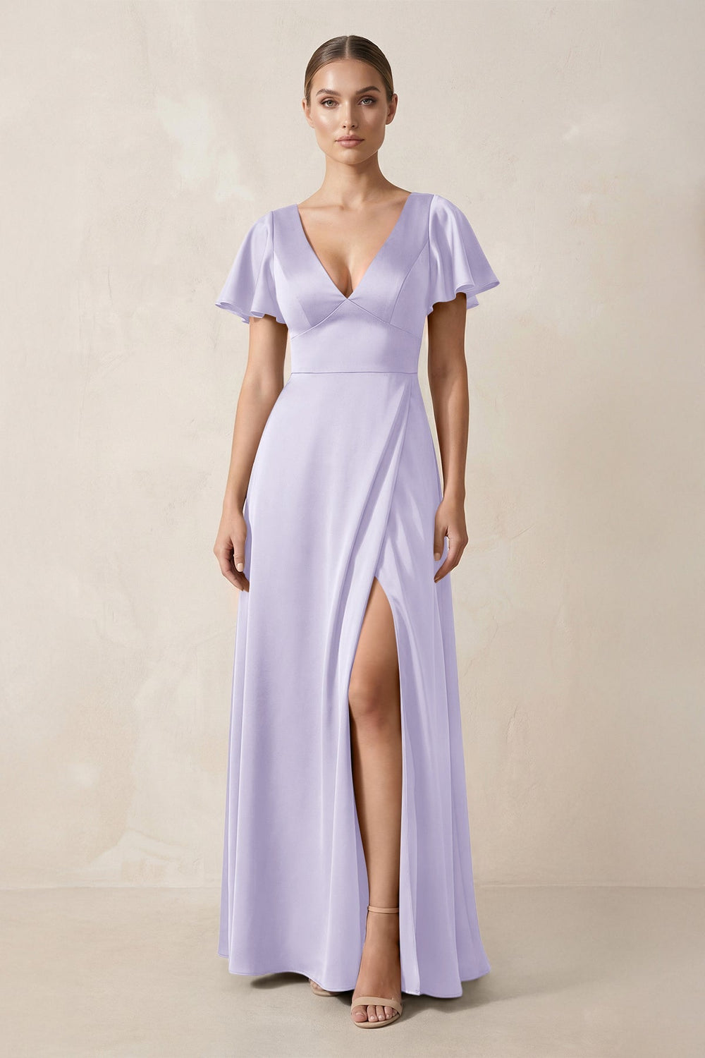 Short Sleeve V - Neck A - Line Satin Bridesmaid Dress With Slit in Lavender - KISS BRIDAL Bridesmaid Dresses