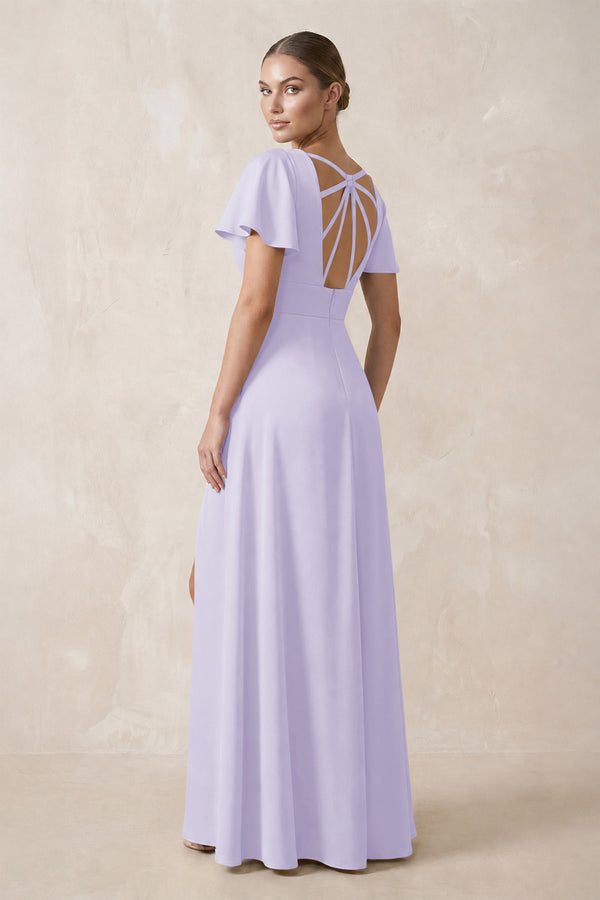 Short Sleeve V-Neck A-Line Satin Bridesmaid Dress With Slit in Lavender (2) | KISSBRIDAL