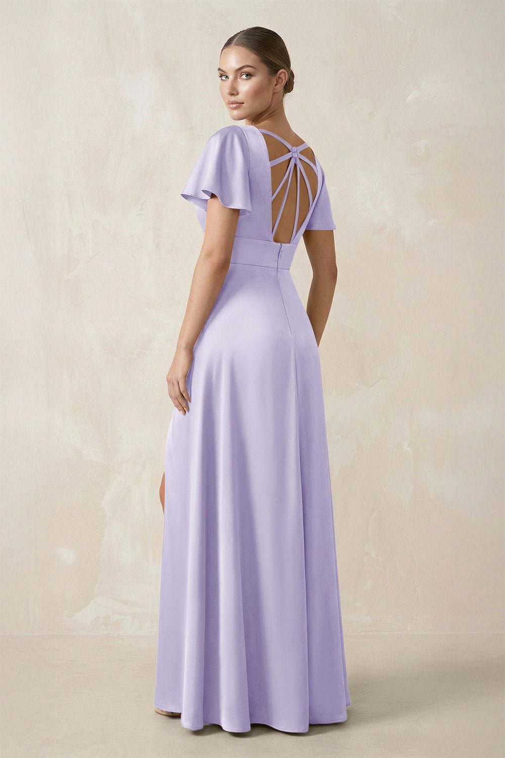 Short Sleeve V - Neck A - Line Satin Bridesmaid Dress With Slit in Lavender - KISS BRIDAL Bridesmaid Dresses