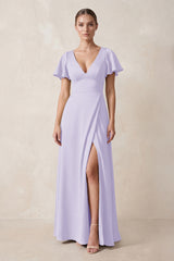 Short Sleeve V-Neck A-Line Satin Bridesmaid Dress With Slit in Lavender | KISSBRIDAL