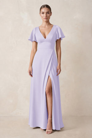 Short Sleeve V-Neck A-Line Satin Bridesmaid Dress With Slit in Lavender | KISSBRIDAL