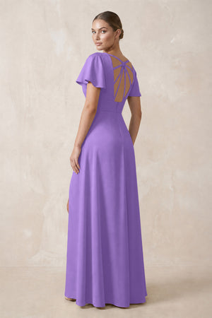 Short Sleeve V-Neck A-Line Satin Bridesmaid Dress With Slit in Lilac (2) | KISSBRIDAL
