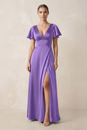 Short Sleeve V - Neck A - Line Satin Bridesmaid Dress With Slit in Lilac - SHE IS ME Bridesmaid Dresses