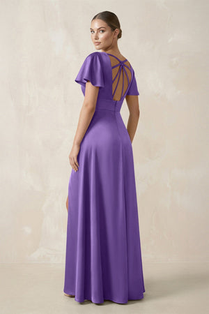Short Sleeve V - Neck A - Line Satin Bridesmaid Dress With Slit in Lilac - SHE IS ME Bridesmaid Dresses