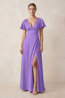 Short Sleeve V-Neck A-Line Satin Bridesmaid Dress With Slit in Lilac | KISSBRIDAL