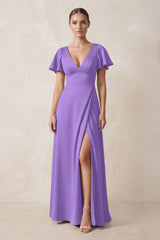 Short Sleeve V-Neck A-Line Satin Bridesmaid Dress With Slit in Lilac | KISSBRIDAL