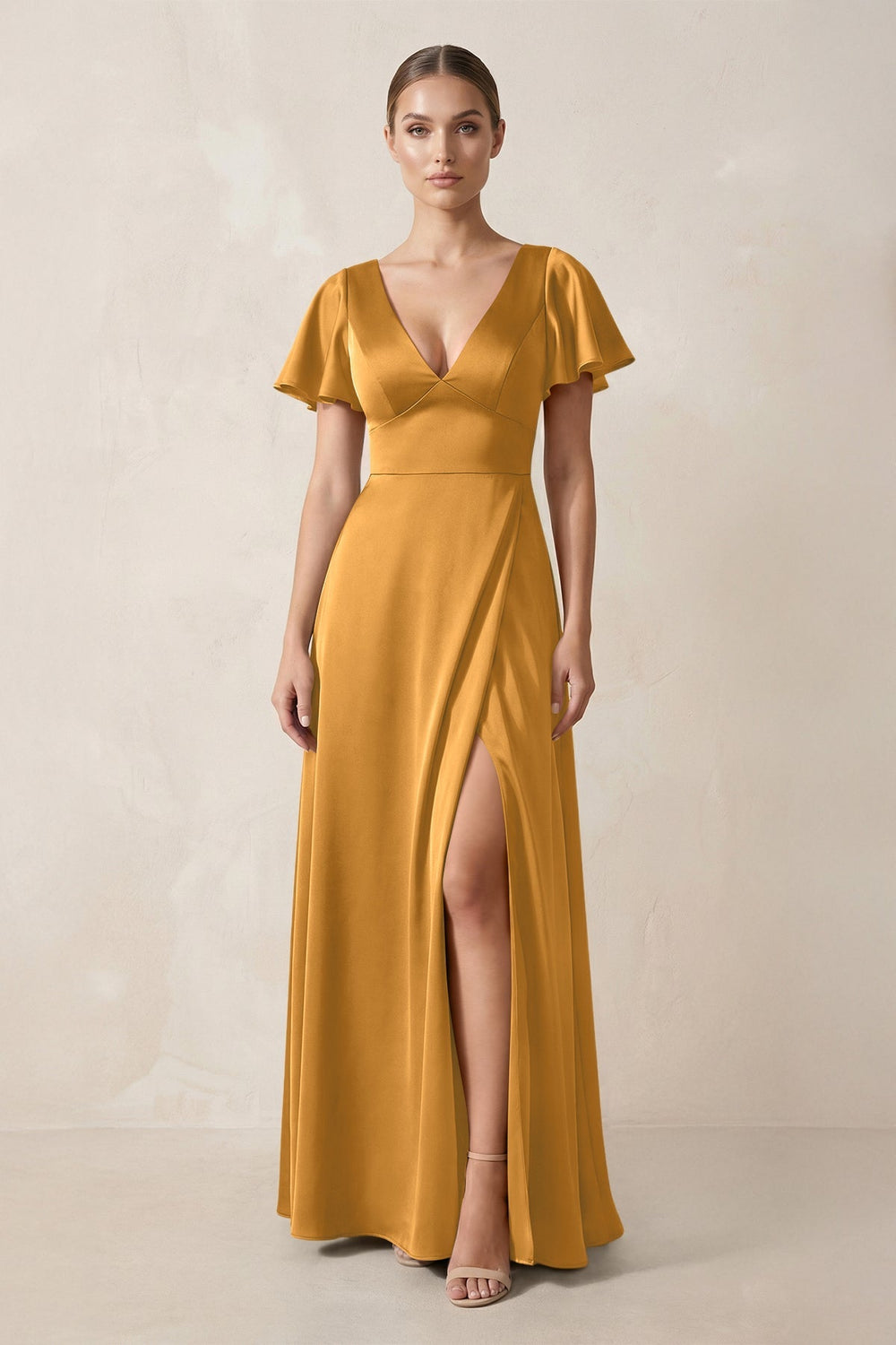 Short Sleeve V - Neck A - Line Satin Bridesmaid Dress With Slit in Marigold - KISS BRIDAL Bridesmaid Dresses