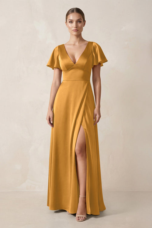Short Sleeve V - Neck A - Line Satin Bridesmaid Dress With Slit in Marigold - SHE IS ME Bridesmaid Dresses